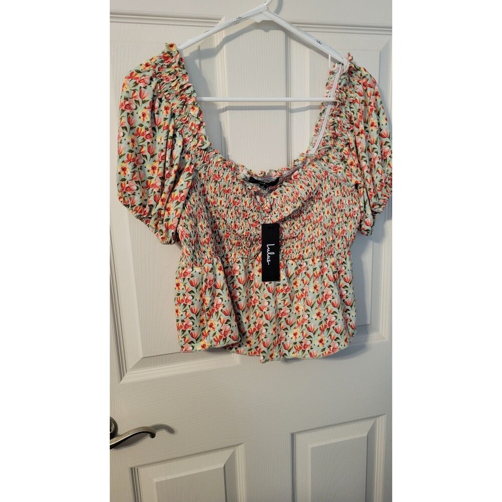 NWT Lulus Such A Flirt Sage Floral Smocked Peplum Puff Sleeve Top Large L